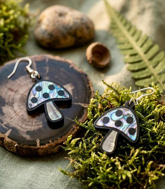 Mushroom Abalone Shell Earrings, Laser Cut Black Acrylic Cottagecore Jewelry, Whimsical Fungi Inlay Dangles, Hypoallergenic Stainless Steel