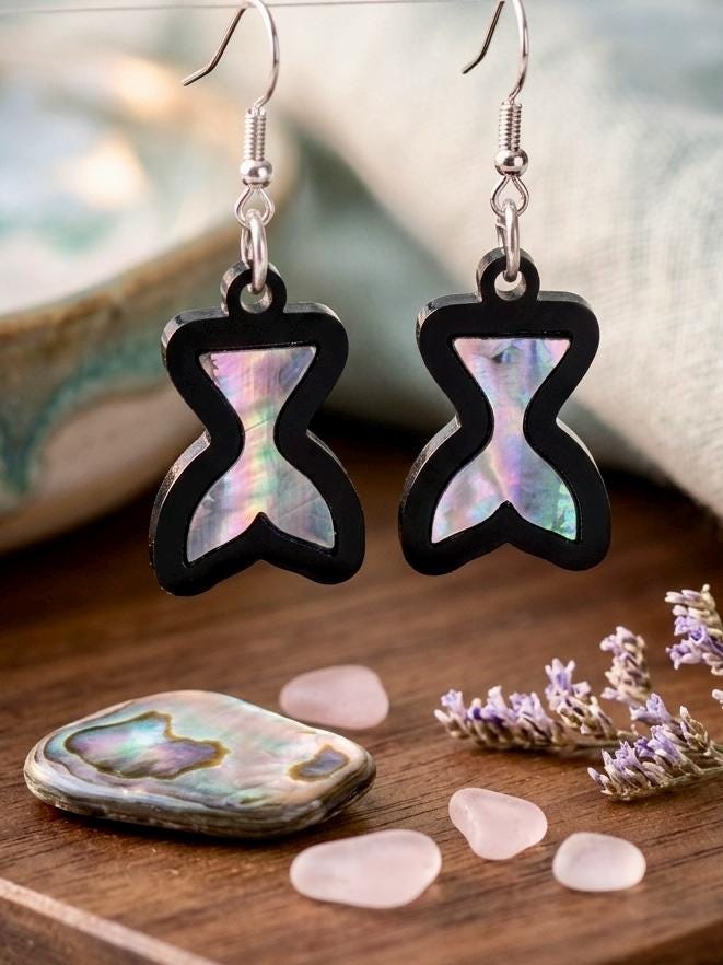 Abalone Shell Mermaid Tail Earrings, Black Acrylic Inlay Coastal Dangles, Cute Ocean Beach Jewelry, Surgical Stainless Steel, Gift for Her