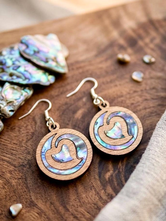 Abalone Shell and Wood Earrings, Laser Cut Round Leaf Dangle Earrings, Iridescent Shell Inlay Jewelry, Hypoallergenic Stainless Steel