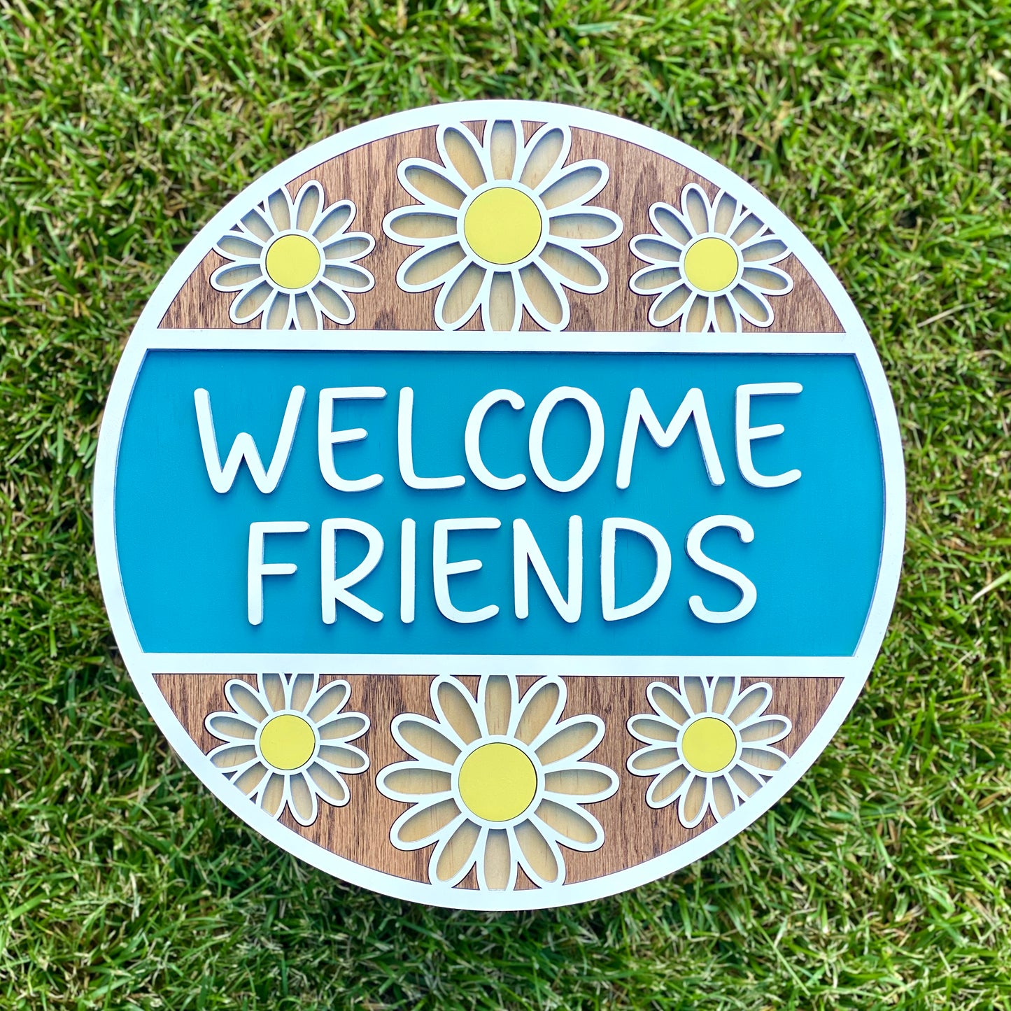 Welcome Friends Daisy Wood Door Hanger Sign