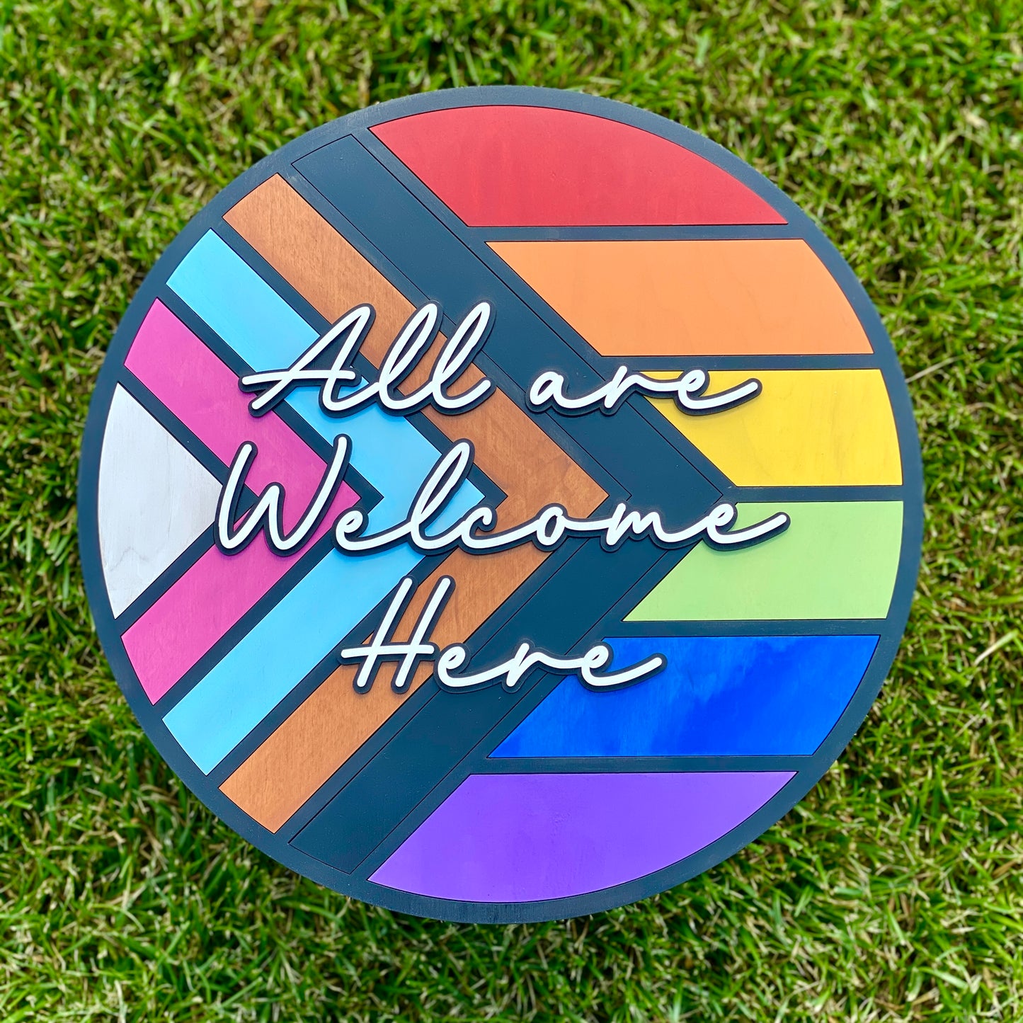 All Are Welcome Here Rainbow Pride LGBTQ Wood Door Hanger Sign