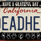 Novelty California license plate with 'DEADHED' and 'Have a Grateful Day' text, featuring Grateful Dead symbols.