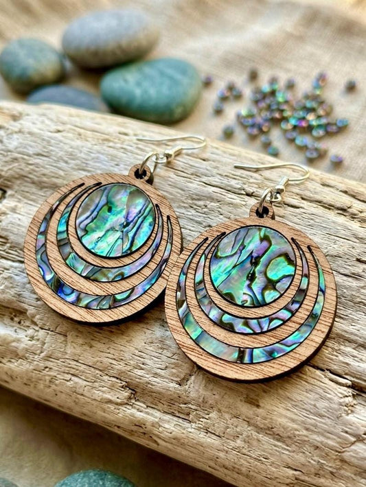 Genuine Abalone Wood Dangle Earrings, Laser Cut Wooden Celestial Circle Jewelry, Iridescent Shell Inlay, Hypoallergenic Silver Gold Gift