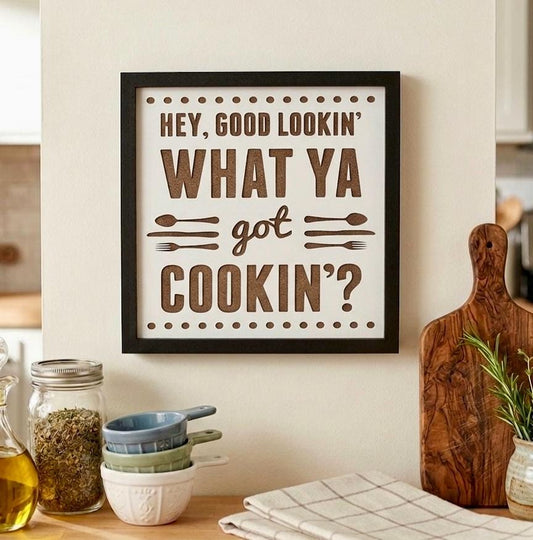 Rustic Kitchen Wall Decor - "Hey Good Lookin' What Ya Got Cookin" - Laser Engraved Wood Sign - Farmhouse Kitchen Art with Sawtooth Hanger