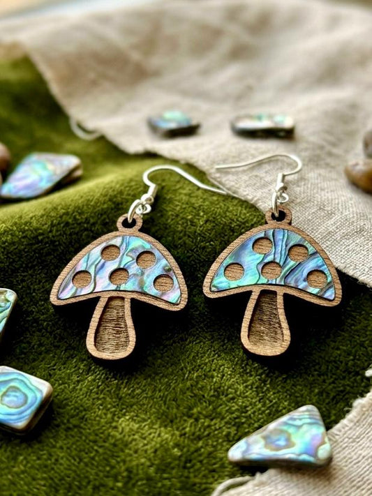 Abalone Shell Mushroom Earrings, Laser Cut Boho Wood Inlay Jewelry, Cute Cottagecore Forest Earrings, Hypoallergenic Surgical Steel Hooks