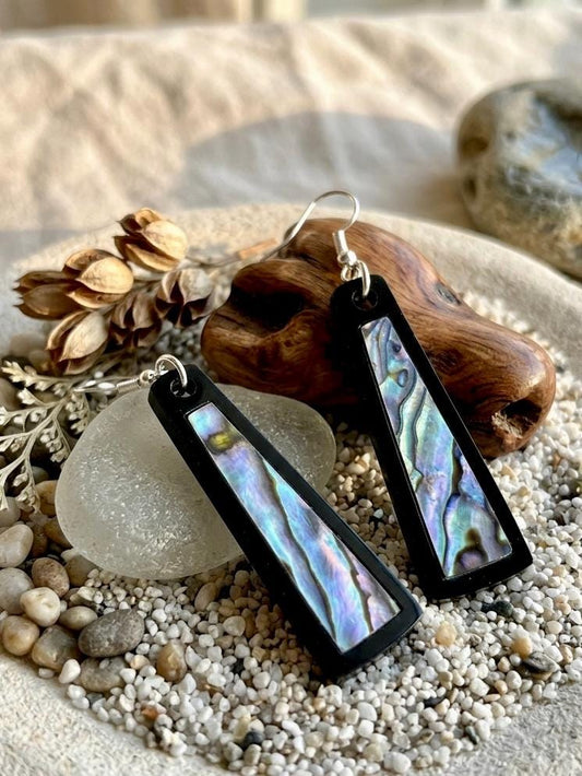 Abalone Shell Inlay Earrings Black Acrylic Geometric Dangle, Iridescent Modern Mermaid Jewelry, Art Deco Minimalist Gift for Her