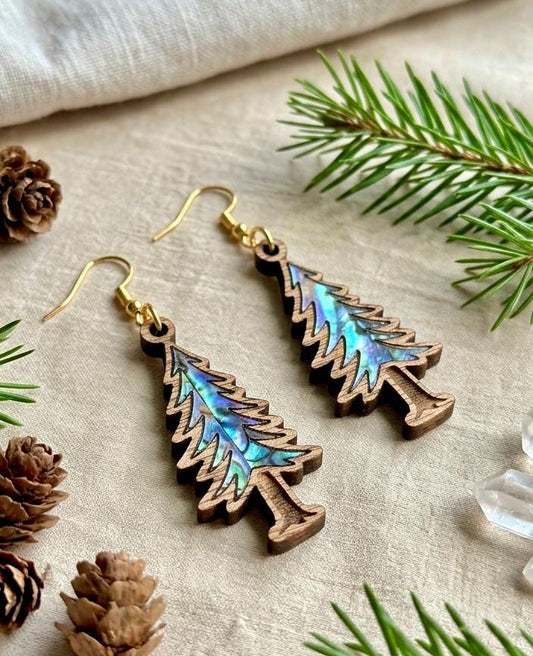 Abalone Shell and Wood Tree Earrings, Laser Cut Wooden Evergreen Dangles, Nature Inspired Jewelry, Gift for Her, Surgical Steel Gold Silver