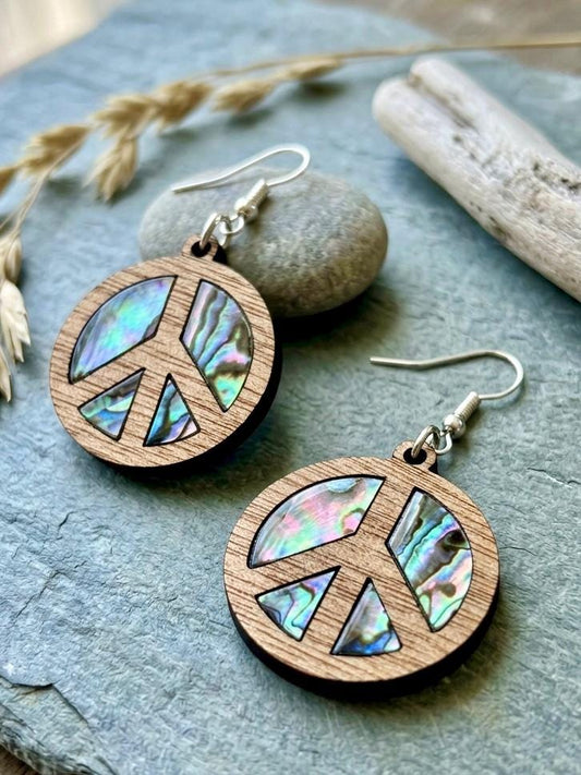 Abalone Shell Peace Sign Earrings, Laser Cut Inlay, Iridescent Boho Jewelry, Surgical Stainless Steel, Gift for Her