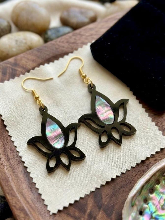 Lotus Abalone Shell Earrings, Laser Cut Black Acrylic Dangle Earrings, Boho Statement Jewelry, Sensitive Ears Gift for Her, Yoga Lover Gift