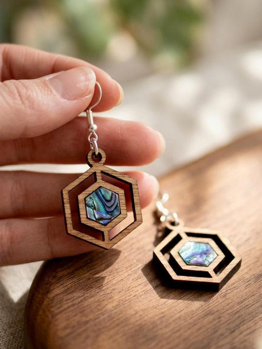 Geometric Wood and Abalone Earrings, Laser Cut Hexagon Drop Earrings, Real Shell Inlay Jewelry, Dainty Boho Gift for Her, Surgical Steel