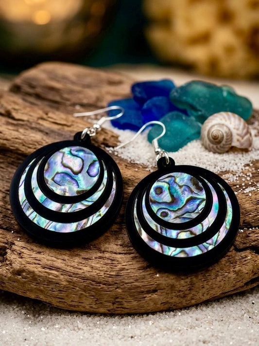 Abalone Shell Inlay Earrings, Laser Cut Black Acrylic Hoop Earrings, Iridescent Ocean Beach Jewelry, Sensitive Ears, Gift for Her, Boho Chic