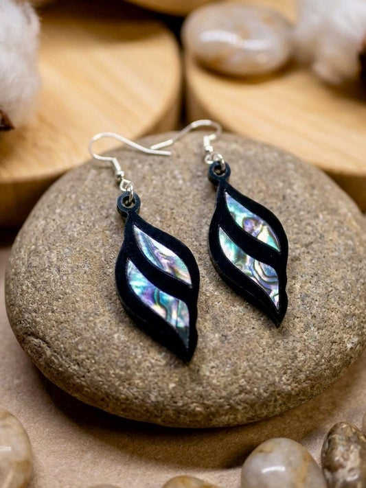 Abalone Shell Inlay Earrings, Laser Cut Black Acrylic Dangles, Geometric Iridescent Shell Jewelry, Modern Coastal Jewelry, Boho Chic
