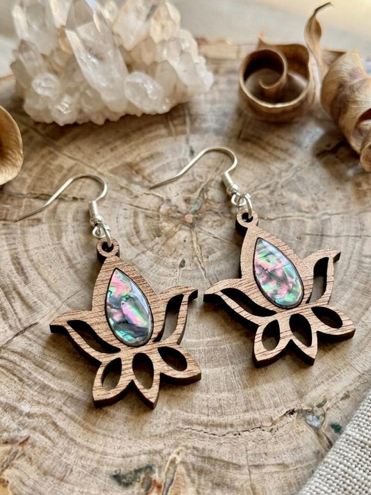 Wood Lotus Earrings with Genuine Abalone Shell Inlay, Laser Cut Wooden Drop Earrings, Boho Flower Jewelry, Gift for Her, Hypoallergenic