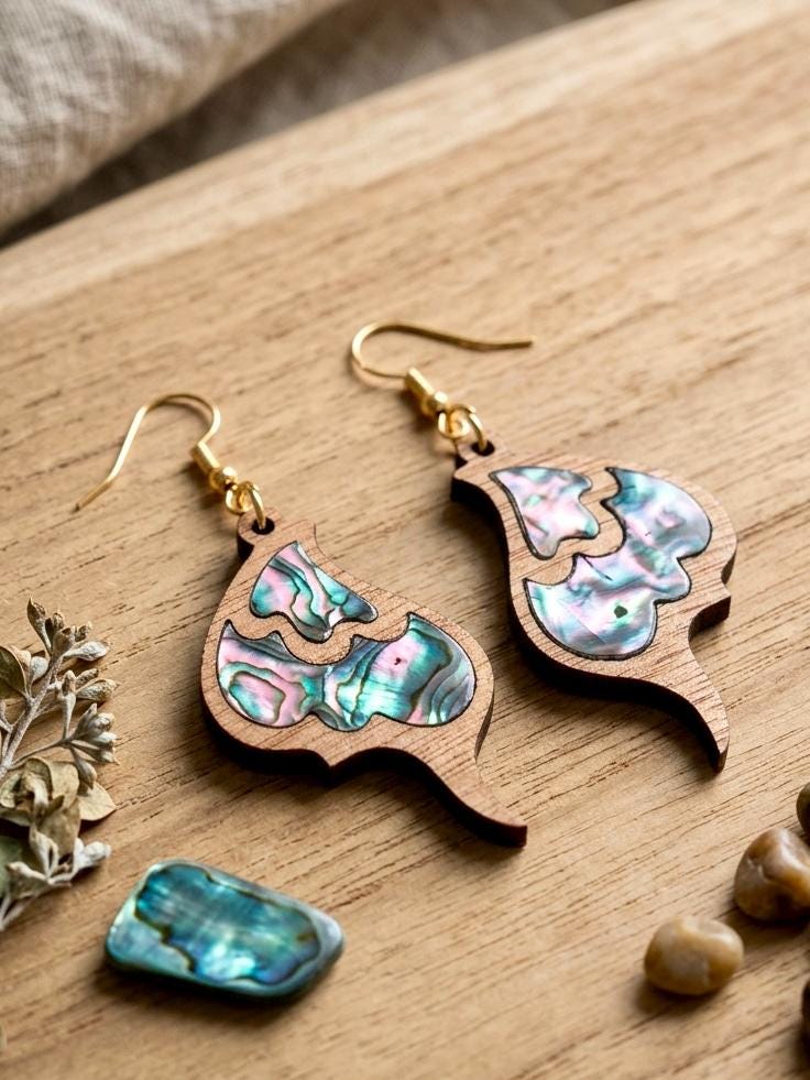 Abalone Shell Wood Earrings, Laser Cut Wooden Dangle Earrings, Boho Butterfly Earrings, Iridescent Shell Inlay Jewelry, Hypoallergenic Gift