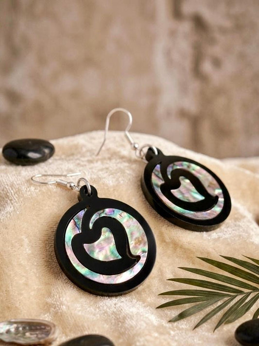 Abalone Shell Leaf Earrings, Laser Cut Black Acrylic Drop Earrings, Iridescent Inlay Jewelry, Hypoallergenic Surgical Steel, Gift for Her