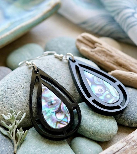 Abalone Shell Inlay Earrings, Laser Cut Black Acrylic Teardrop, Geometric Boho Drop Earrings, Iridescent Ocean Jewelry, Gift for Her