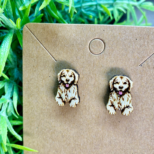 Golden Retriever Dog Wood Stud Earrings