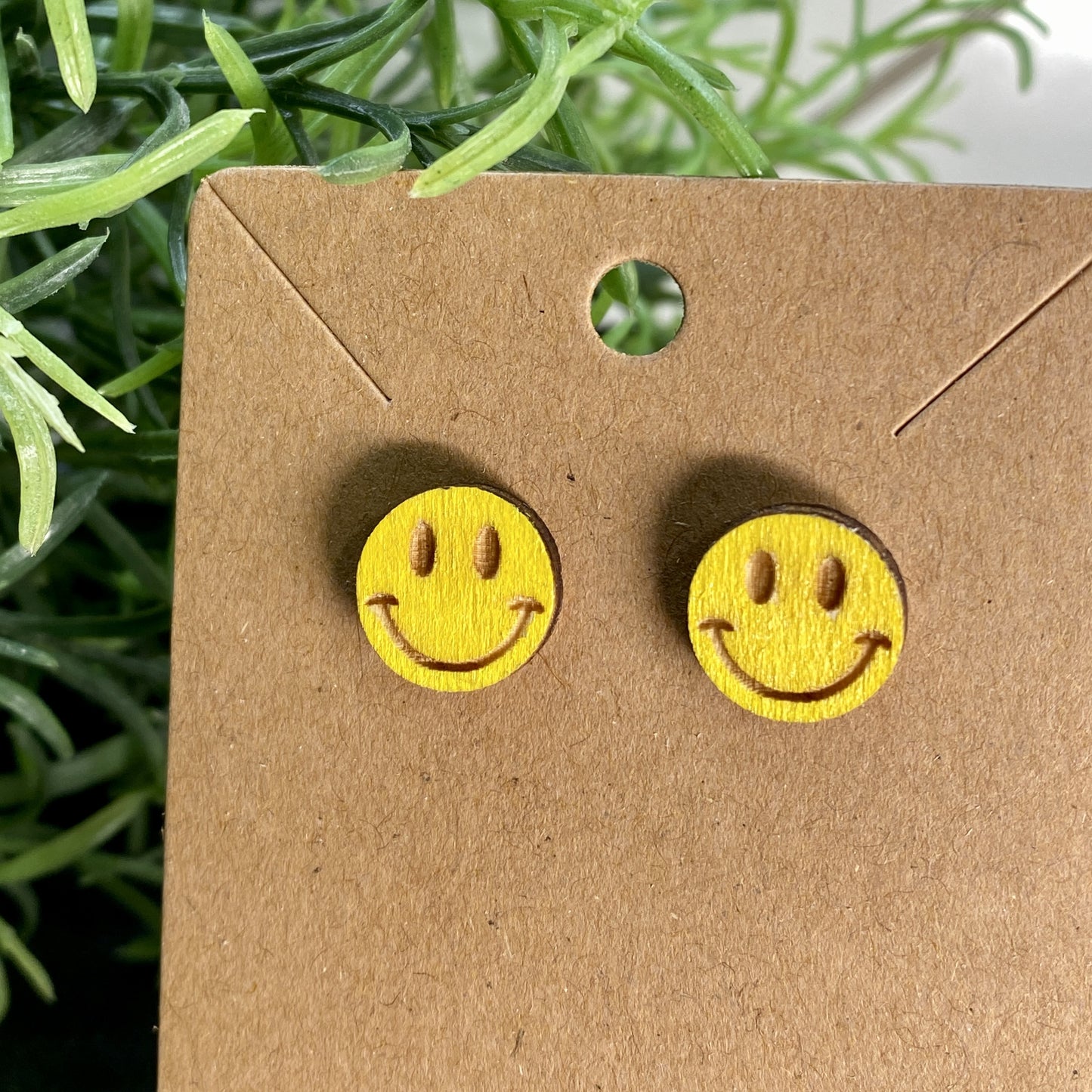 Happy Face Wood Stud Earrings