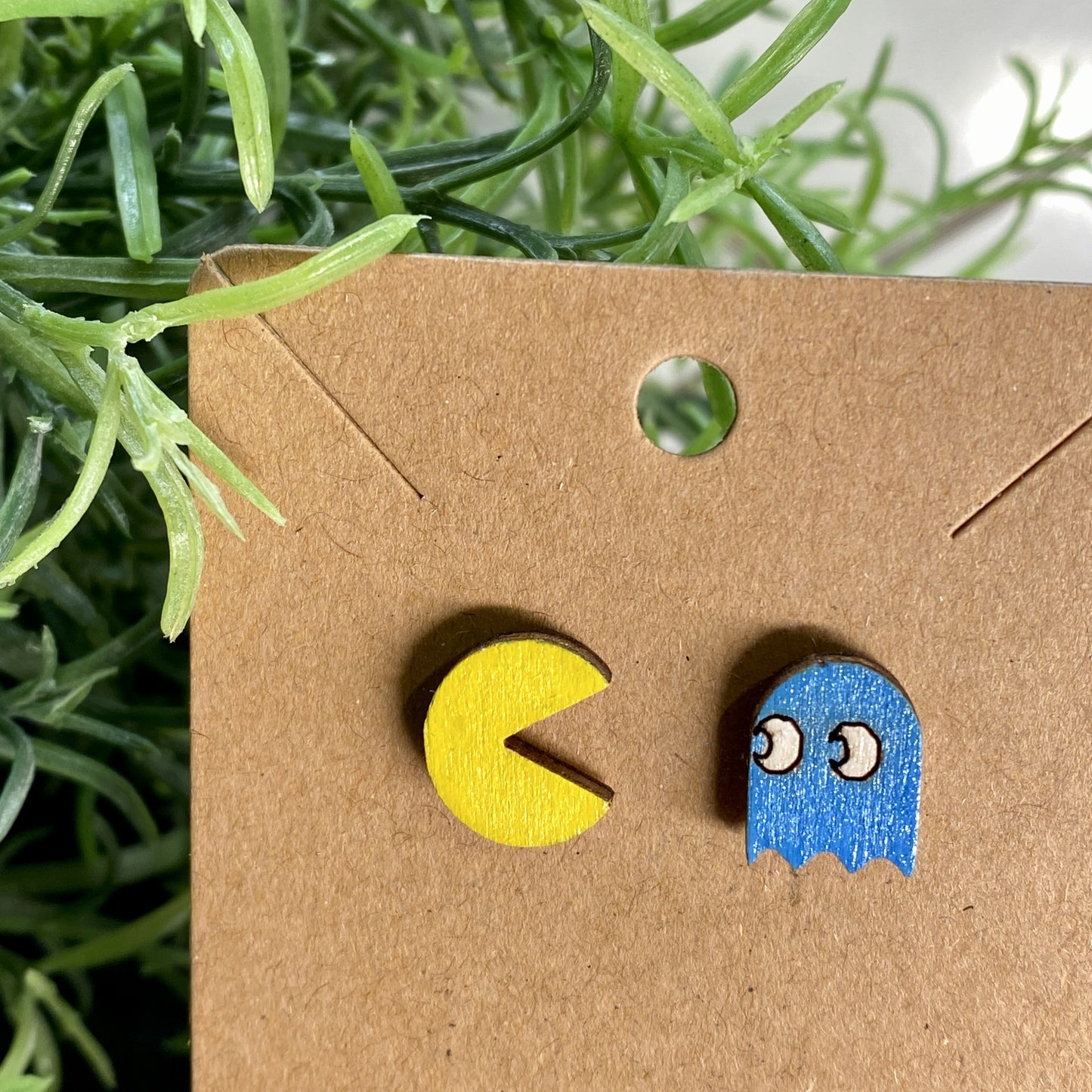 Pac Man and Ghost Wood Stud Earrings