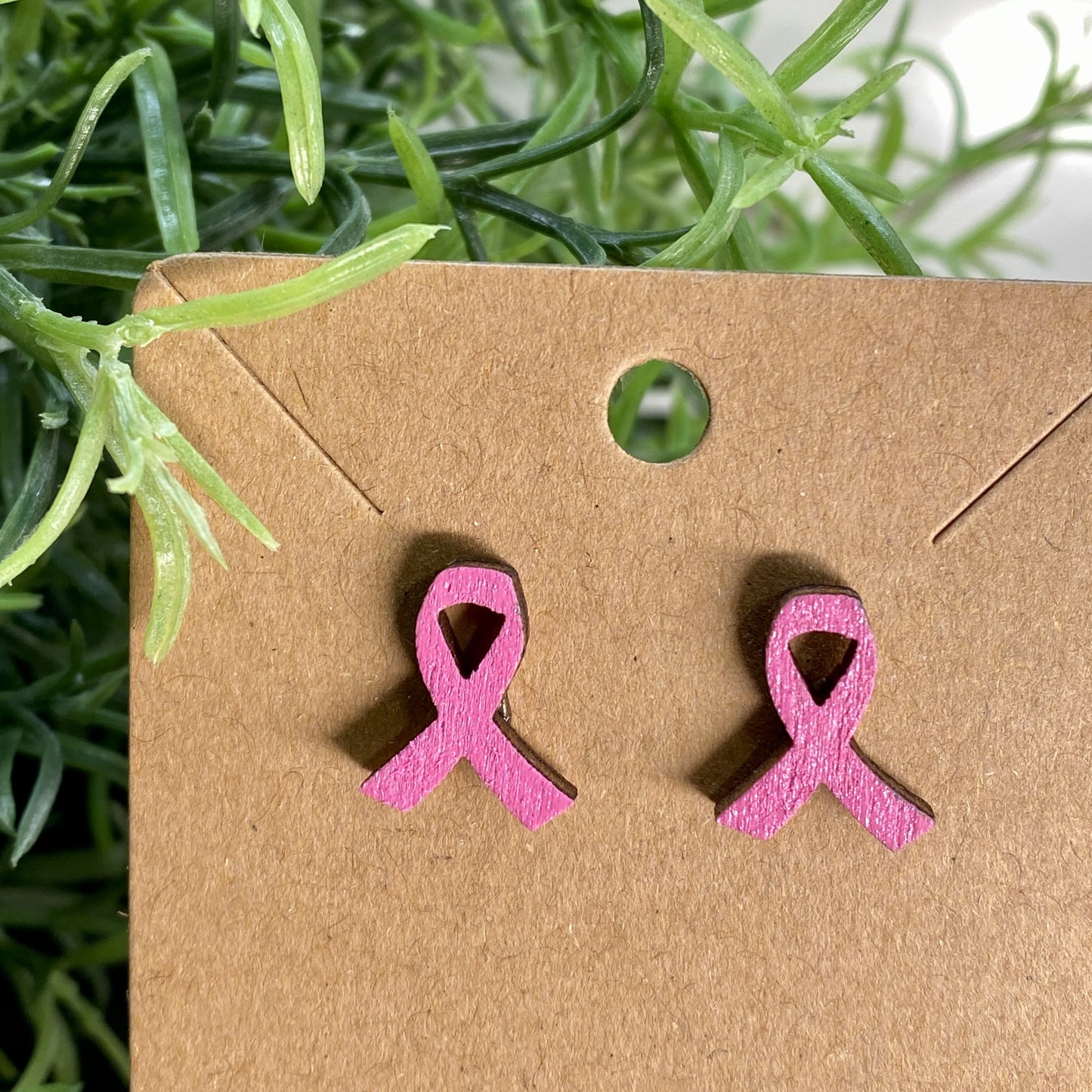 Pink Ribbon Breast Cancer Wood Stud Earrings