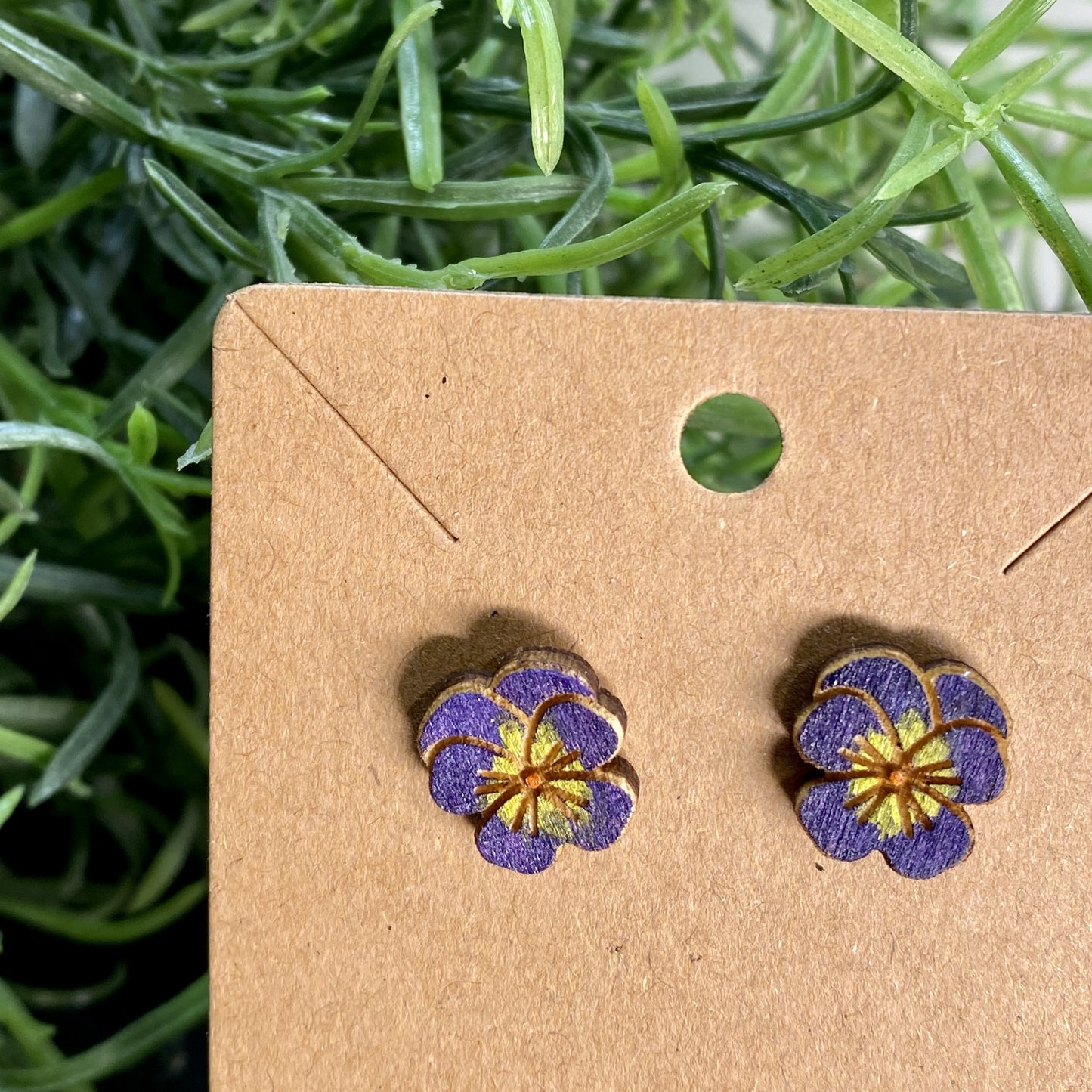 Pansy Flower Wood Stud Earrings