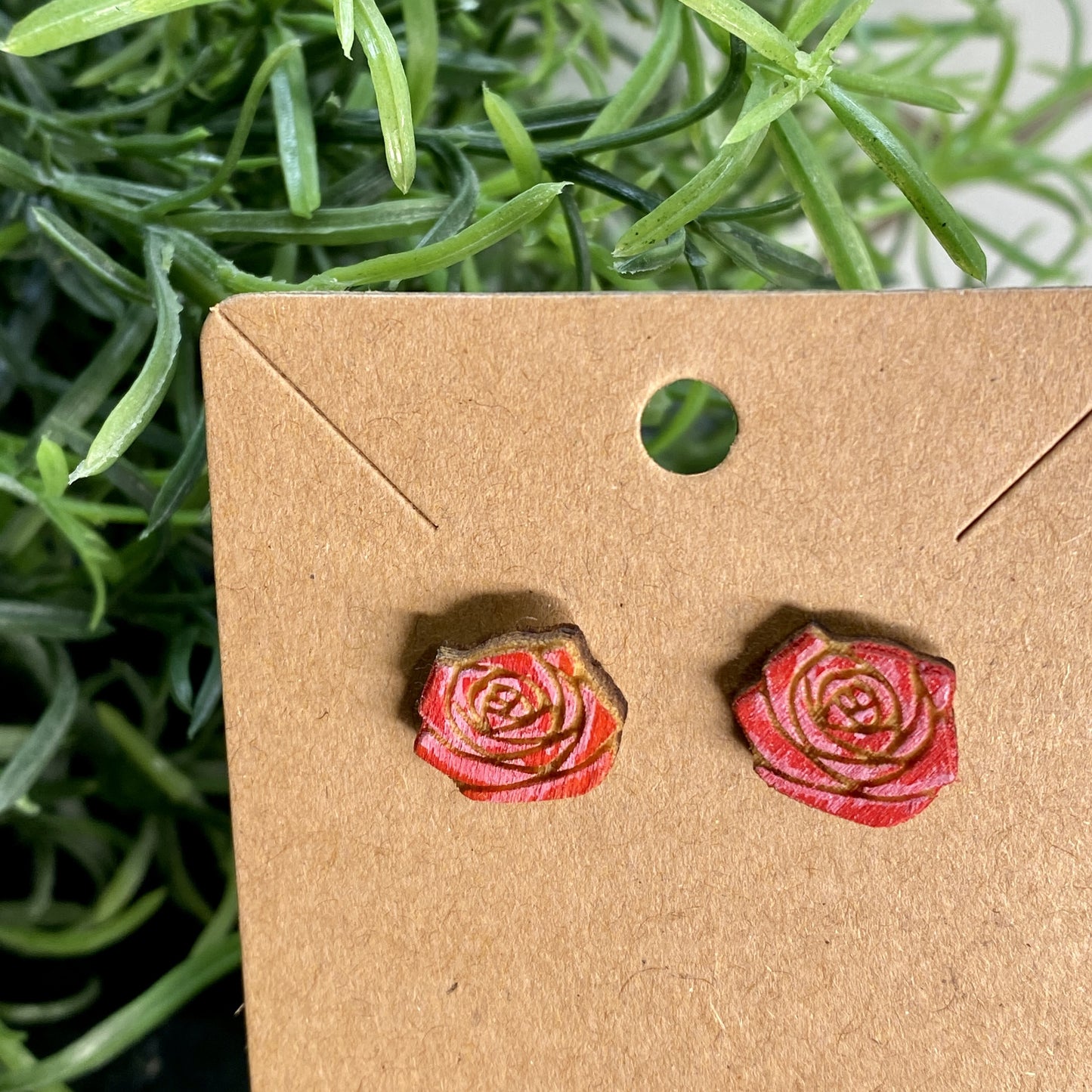 Red Pink Rose Flower Wood Stud Earrings
