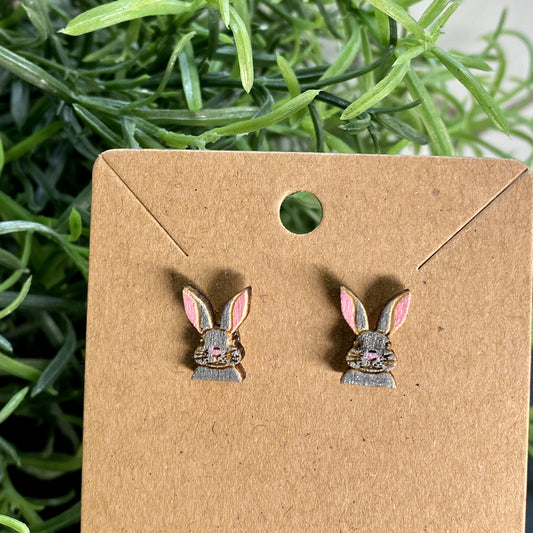Rabbit Easter Bunny Wood Stud Earrings
