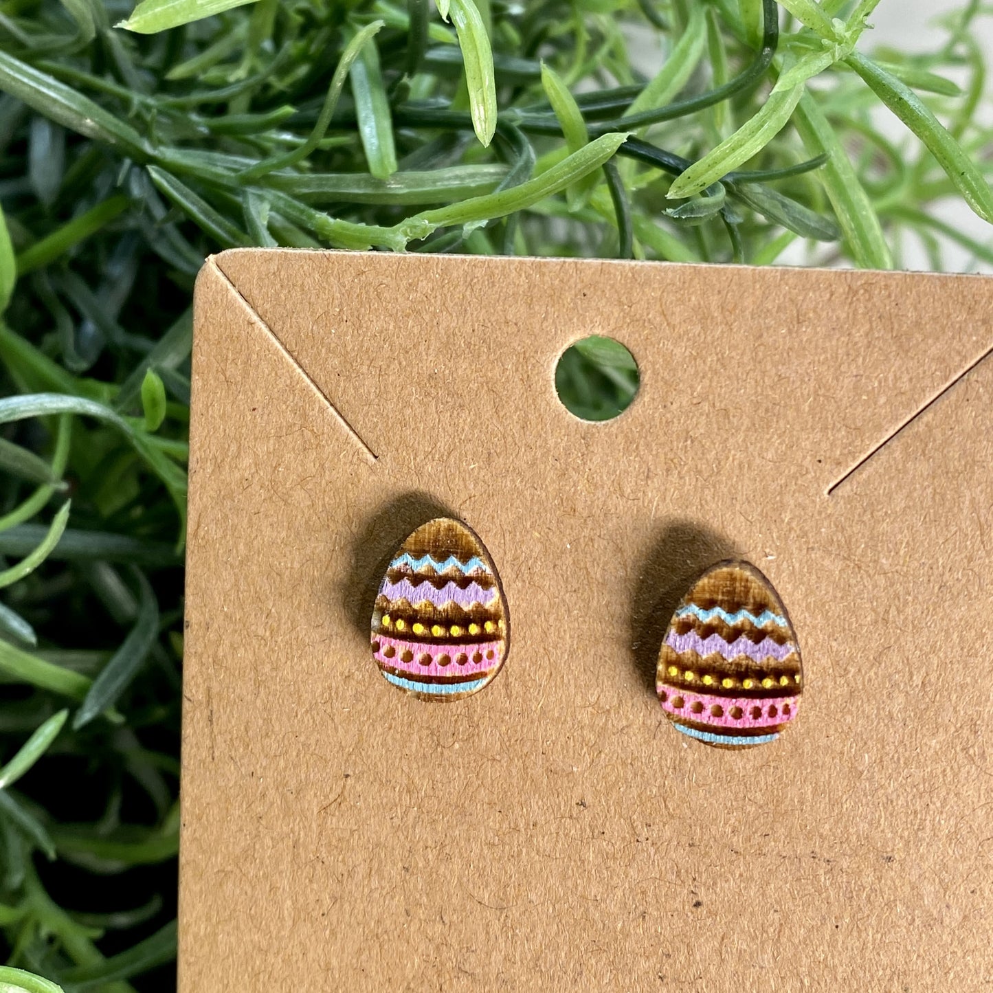 Decorated Easter Egg Wood Stud Earrings