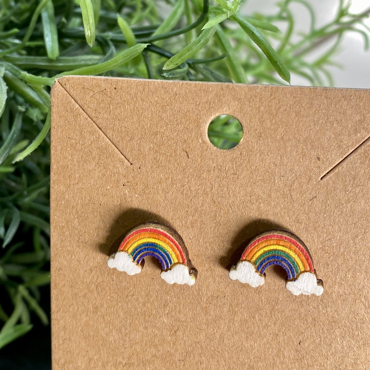 Rainbow Clouds Wood Stud Earrings