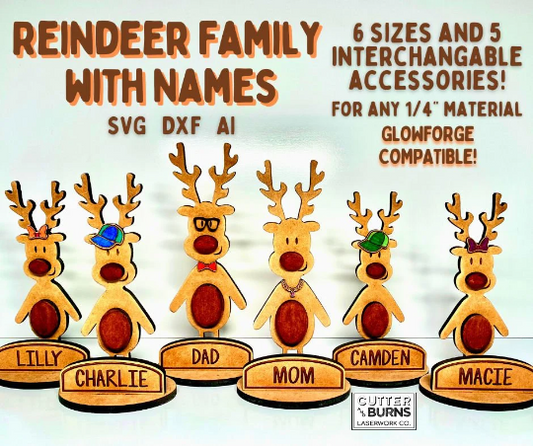 Reindeer Family Cut Outs with Personalizable Names and Accessories - 6 Sizes/5 Accessories - DIGITAL FILE