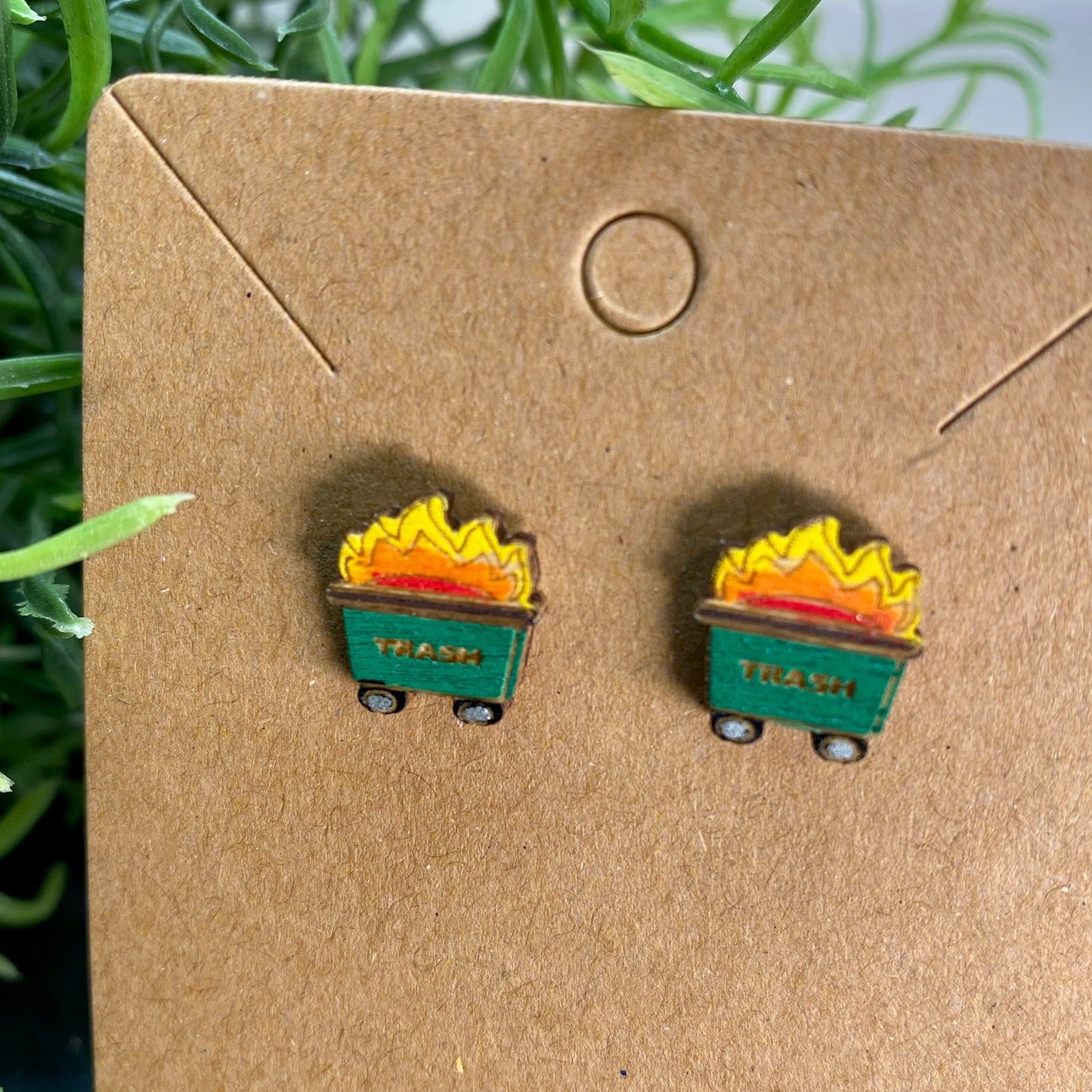 Dumpster Fire Burning Trash Funny Wood Stud Earrings