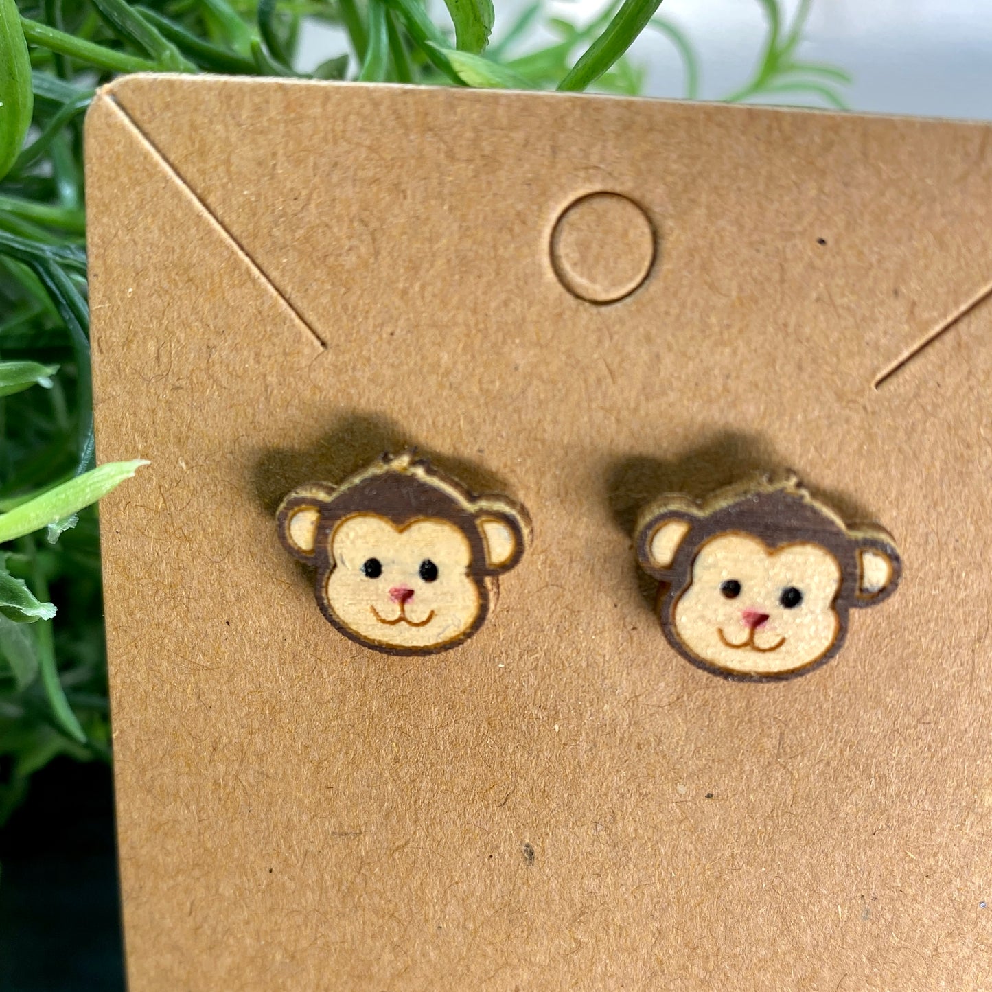Monkey Wood Stud Earrings