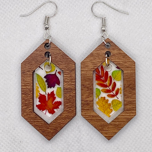 Wood & Autumn Leaves Inset Acrylic Earrings