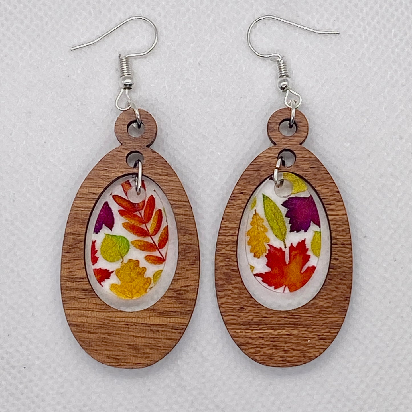 Wood & Autumn Leaves Inset Acrylic Earrings
