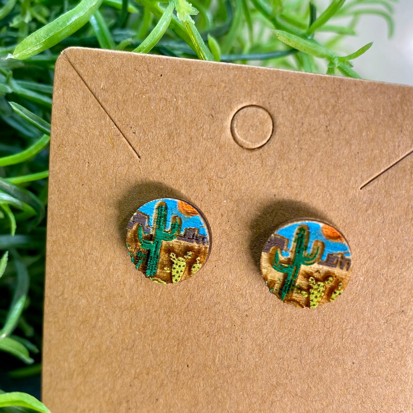 Desert Scene Cactus Wood Stud Earrings