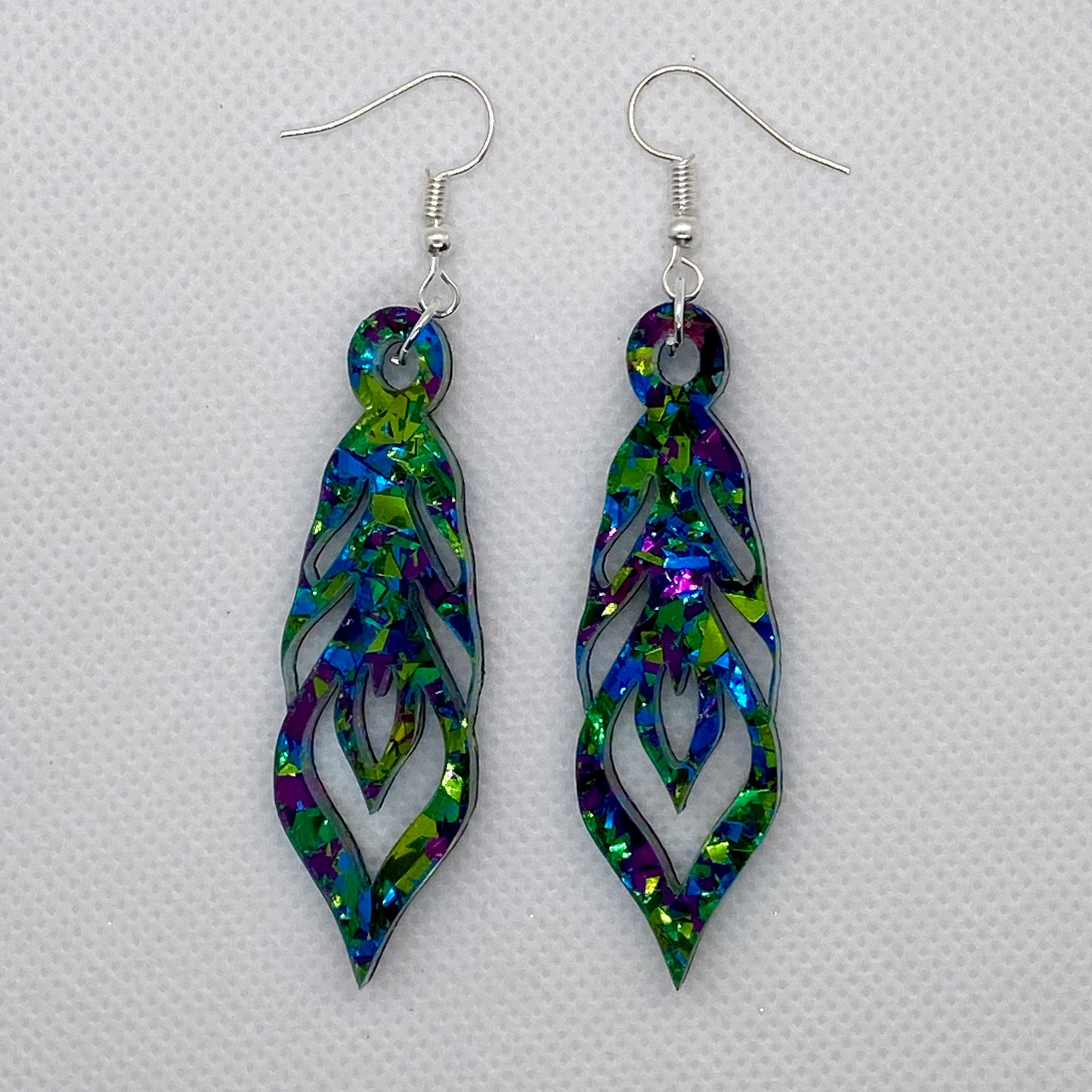 Reversible Peacock/Multicolor Acrylic Feather Earrings