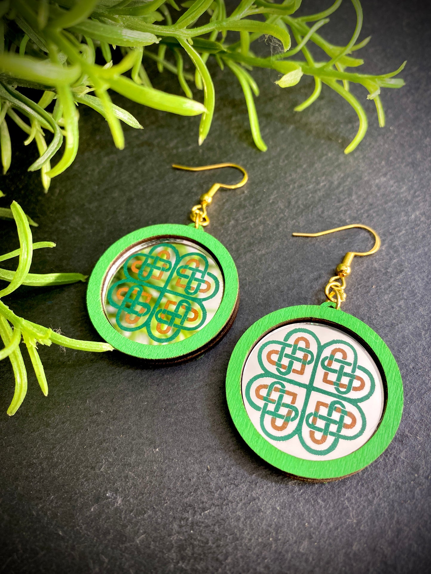 Irish Celtic Knot St. Patrick’s Day Mirror and Wood Dangle Earrings