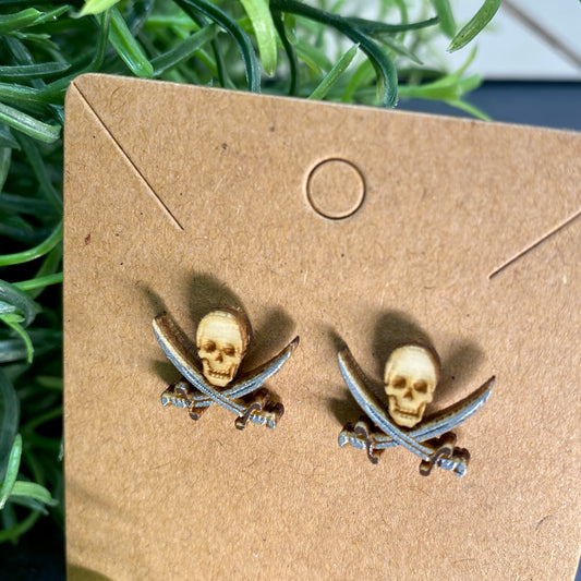 Pirate Jolly Roger Skull Swords Wood Stud Earrings