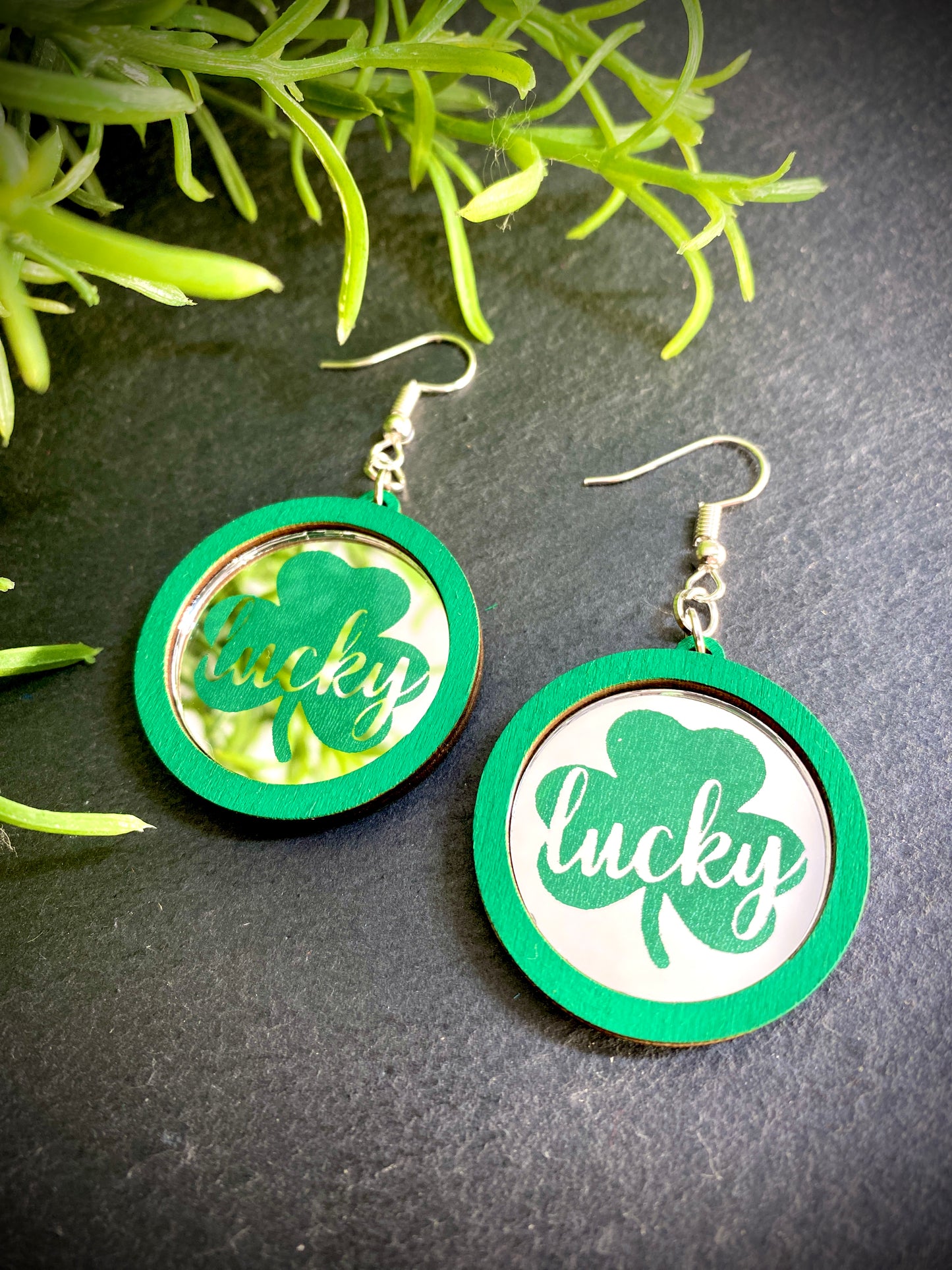 Lucky Green Shamrock Clover St. Patrick’s Day Mirror and Wood Dangle Earrings