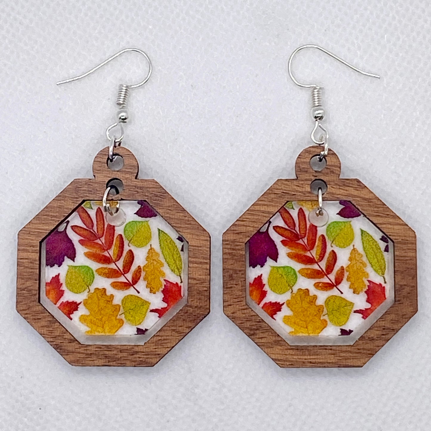 Wood & Autumn Leaves Inset Acrylic Earrings