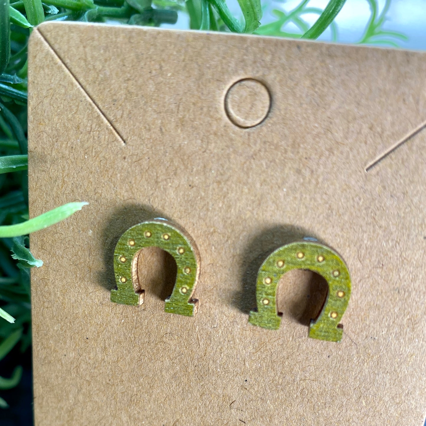 Lucky Gold Horseshoe St. Patrick’s Day Wood Stud Earrings