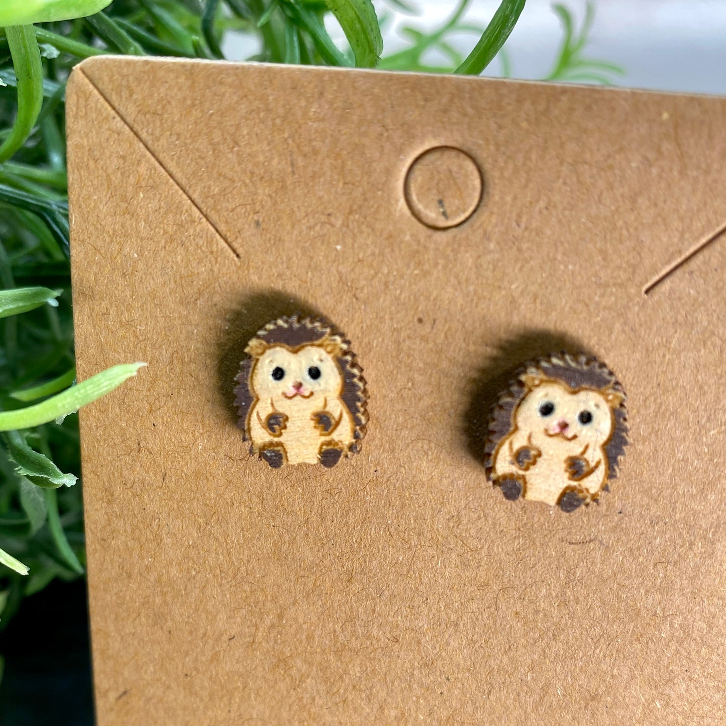 Hedgehog Wood Stud Earrings