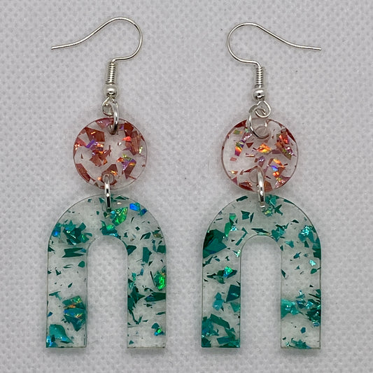 Teal and Pink Chunky Glitter Circle and Horseshoe Acrylic Earrings