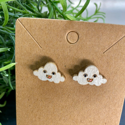 Happy Clouds Wood Stud Earrings