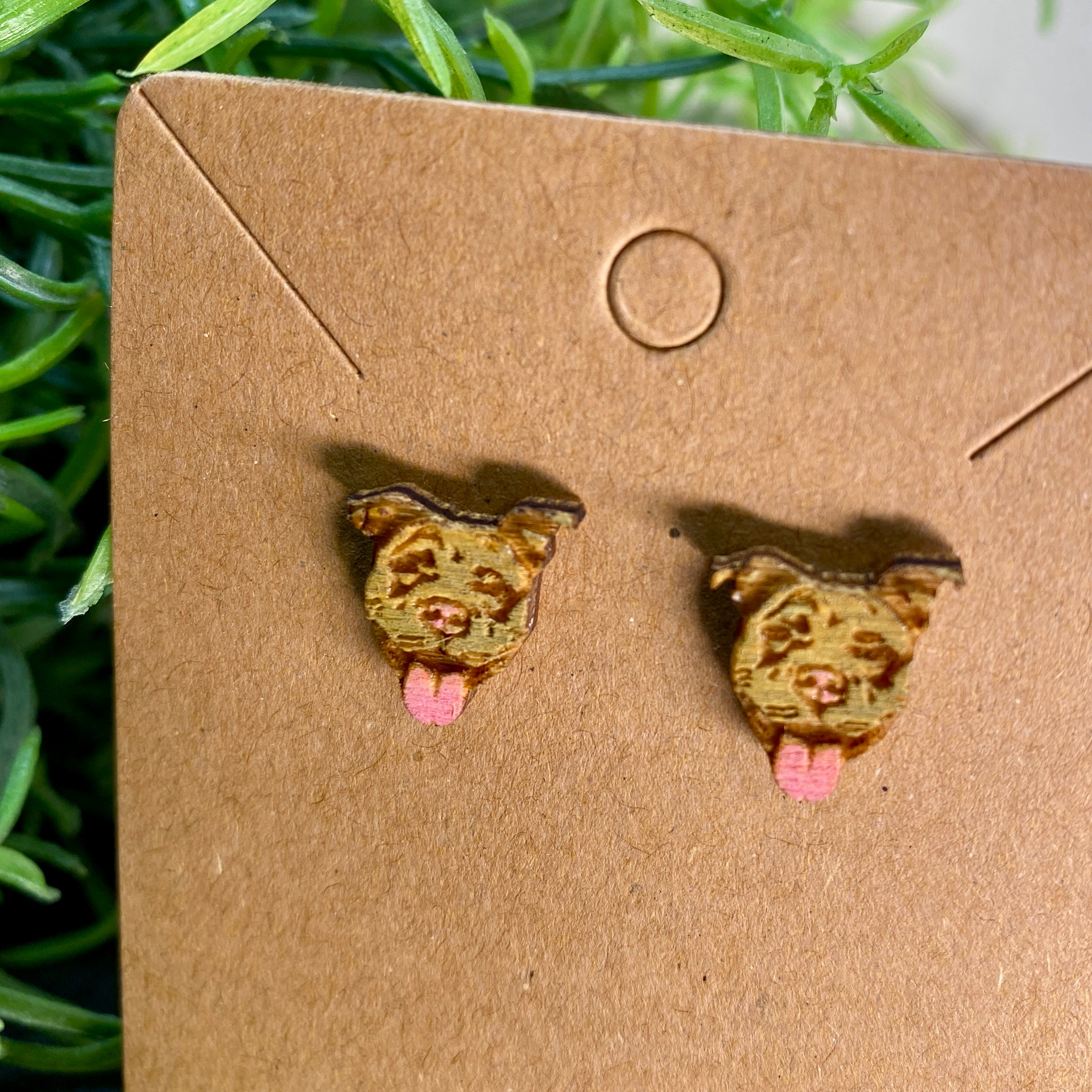 Pitbull Earrings from cut Plywood and Felt set in Stainless Steel and hung  from silver