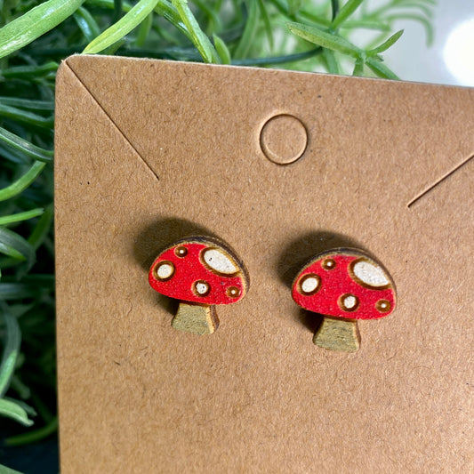 Toadstool Mushroom Wood Stud Earrings