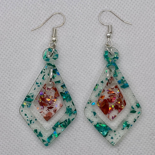 Teal and Pink Chunky Glitter Drop Diamond Shape Earrings