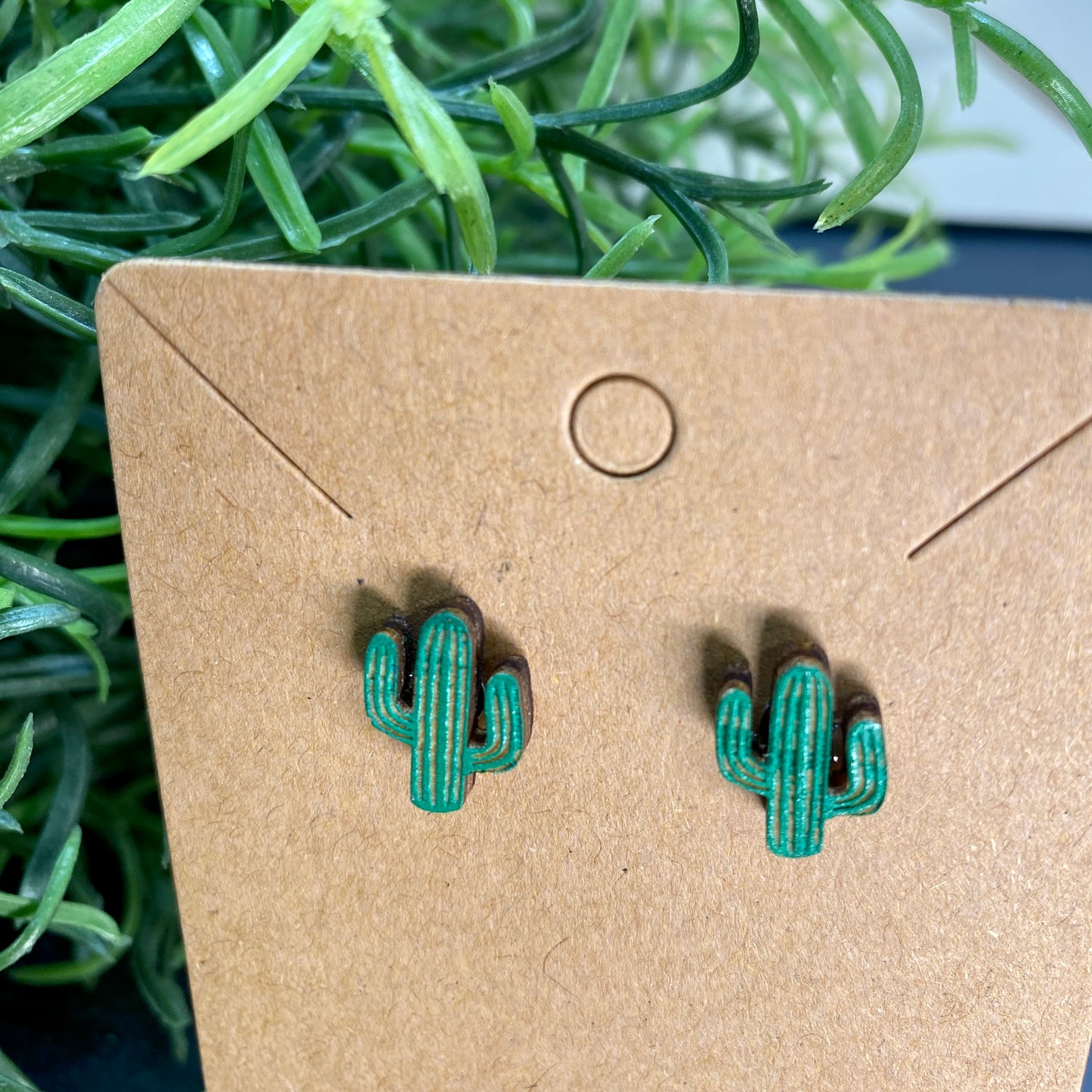 Green Saguaro Cactus Wood Stud Earrings