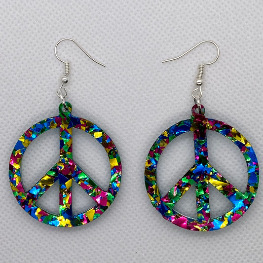 Reversible Peacock/Multicolor Acrylic Peace Sign Earrings