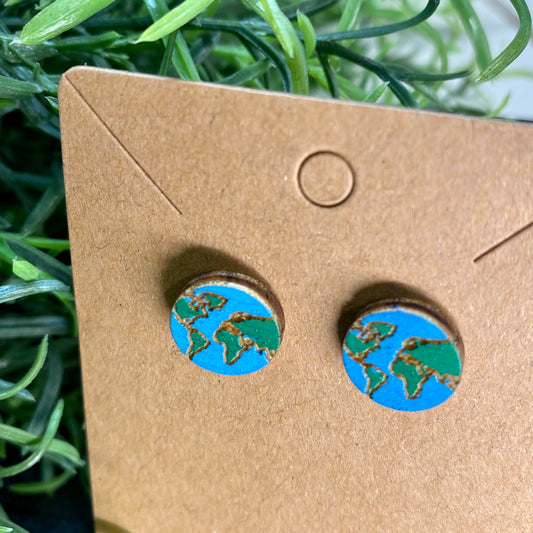 Earth Globe Wood Stud Earrings